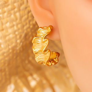 Stud <b>Earrings</b> Irregular Pleated C Shape 18K Gold Color Stainless Steel <b>Post</b> Fashion Jewelry - Product Image 3