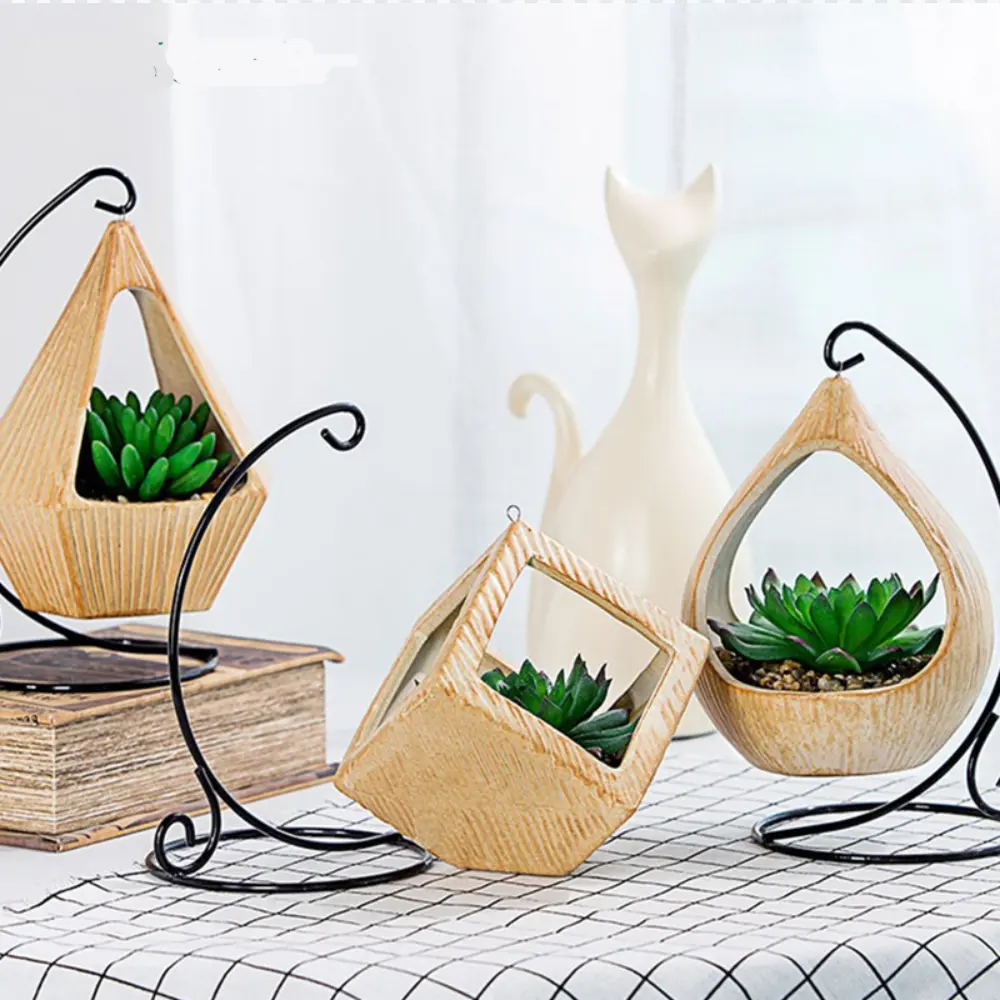 Hanging Ceramic Plant Terrarium With Metal Stand Rack Holder succulent Plant pot