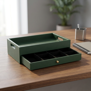Organiseur de bureau en cuir vert avec tiroir et compartiments - Product Image 1