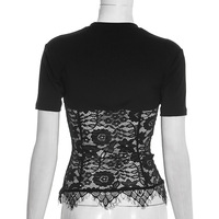 Viviblook Y25TP579 Nouveau haut court sexy pour femmes, vêtements d'été, col rond, dentelle transparente, patchwork en dentelle