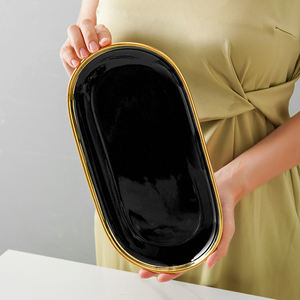 Piatti da portata all'ingrosso da 7,5/8/9/10/12 pollici in porcellana di lusso, neri brillanti <span class=keywords><strong>con</strong></span> bordo dorato, stoviglie in ceramica per uso domestico - Product Image 1