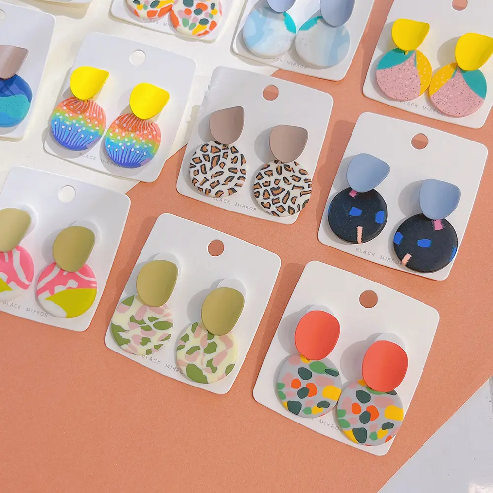 Handmade Polymer Clay Earrings Minimalist Colorful Leaf Pattern Round Earrings for Women Girls Jewelry