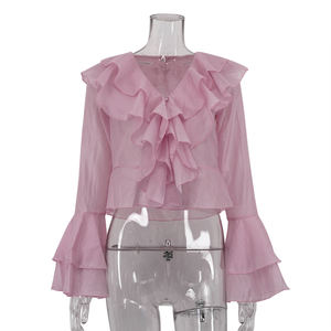 Alla moda abiti estivi rosa con volant <span class=keywords><strong>corti</strong></span> e abbottonati di perle da donna top eleganti camicette da donna 2025 - Product Image 4