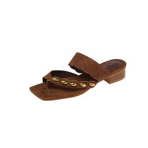 Sandales d'été pour femmes en cuir, style minimaliste métallique, couleur unie, à enfiler, plateforme, grande taille, bout carré - Product Image 1