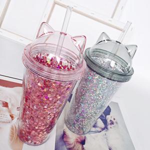 O269 Gelas Kartun Sequin Kreatif Twinkl Dinding Ganda untuk Kopi Teh Minuman Mug dengan Telinga Kucing Sedotan Plastik Sekali Pakai - Product Image 4