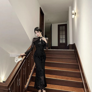 Elegant Fitted Bodycon Fishtail Maxi Dress High Neck Sheer Layer Chinoiserie Party Stage Evening Dress Natural Waistline - Product Image 2