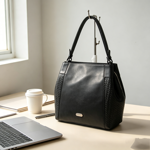 <b>Black</b> Soft Leather Shoulder <b>Bag</b> Woven Side Panel Removable Strap Large Capacity Handbag - Product Image 4