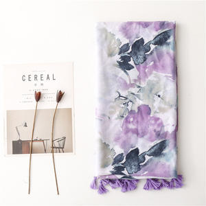 Foulard en coton imprimé Hijab, Style élégant, mode <span class=keywords><strong>arabe</strong></span>, violet clair, fleur, <span class=keywords><strong>peinture</strong></span> à l'encre, écharpes en coton avec glands - Product Image 2