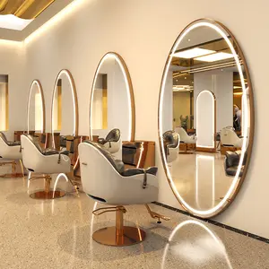 Full Length Salon Mirror Station Hair Salon Furniture Barber Station Styling Mirror Gold Salon Mirror With Light