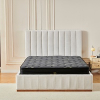 Cadre de lit avec rangement hydraulique, rembourré en tissu crème, lit plateforme capitonné verticalement avec grand espace de rangement sous le lit