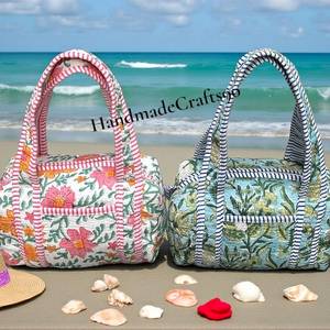 Hand Block Print Cosmetic Bag Set: Quilted Floral Cotton Toiletry Pouches - Product Image 1