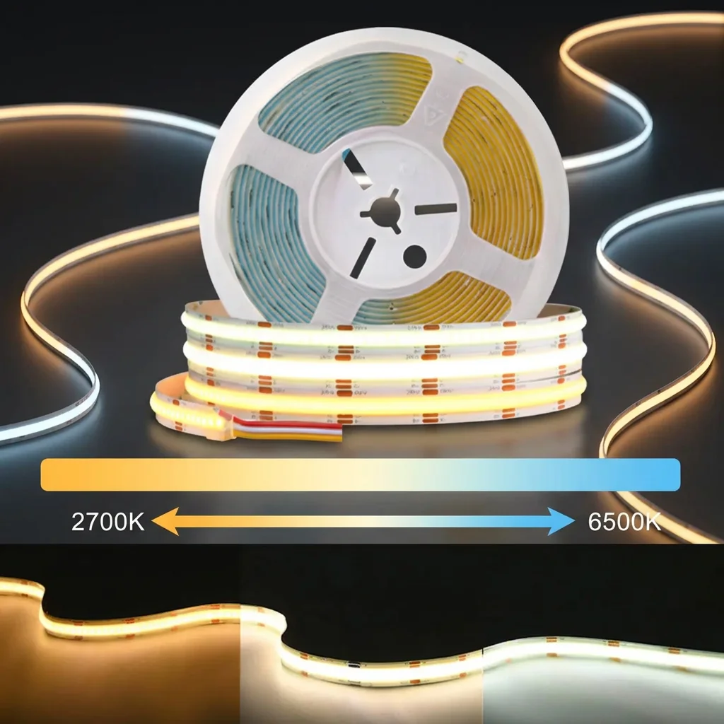 Adjustment CCT COB LED Strip Light 608LEDs High Density FCob Dimmable Dual Color 8/10mm PCB Flexible Ra90 Copper USB