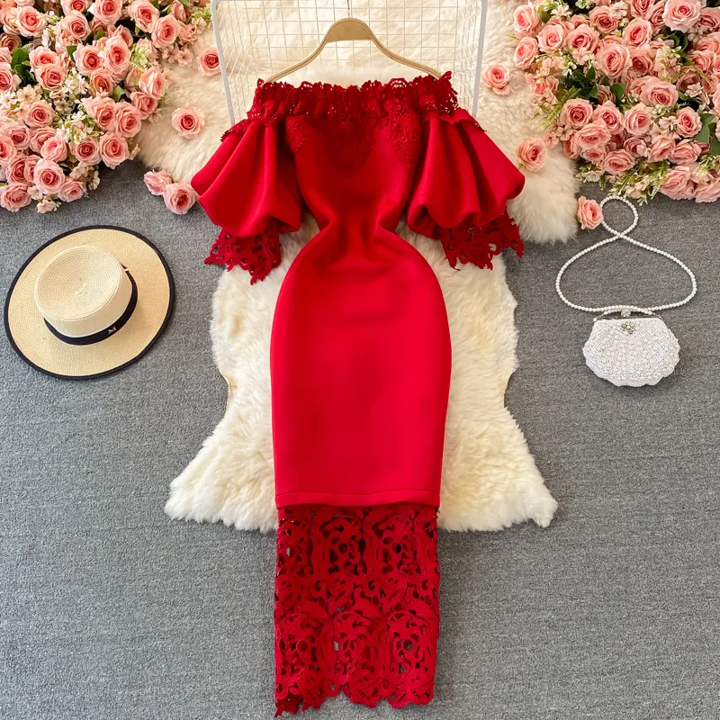 Sexy Hollow Out Lace Bodycon Long Dress Women Elegant Red/Pink/White Boat Neck Patchwork Maxi Party Vestidos 2022 Autumn New