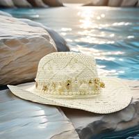 Chapeau de cowboy blanc creux imitation paille en gros |   Chapeaux de festival Panama personnalisés pour adultes, avec des motifs de coquillages, d'étoiles de mer et de soleil
