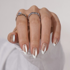 Kit de faux ongles à marque privée, ongles artificiels en gel souple, courts, forme amande, effet œil de chat, French manucure, à presser, vente en gros - Product Image 1