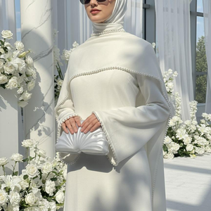 화이트 펄 트림 숄 디테일 맥시 드레스 우아한 진주 장식 케이프 슬리브 이브닝 드레스 2026 EID 아바야 여성 무슬림 드레스 - Product Image 5