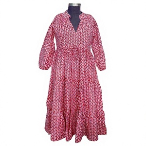 Vestido Midi de Algodón Indio con Estampado Digital y Mangas Abullonadas, Estilo Informal para Mujer, con Estampado Floral, para Fiestas de Verano, Natural, Transpirable y Lavable - Product Image 1