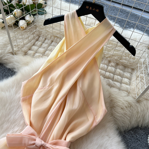 Robe bohème croisée à dos nu pour <span class=keywords><strong>femme</strong></span>, robe de plage d'été avec ceinture à nouer, ourlet à franges et jupe superposée transparente pour les vacances tropicales - Product Image 4