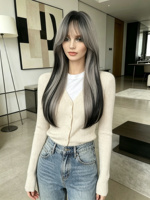 Perruque synthétique mi-longue grise argentée et noire ombrée, coupe dégradée avec frange, résistante à la chaleur, perruque complète