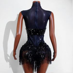 Body da Donna Nero Lussuoso con Pietre Grandi in Spandex/Poliestere, con Frange ad Alta Mobilità per Performance sul Palco, Cantante, Showgirl, Nightclub - Product Image 5