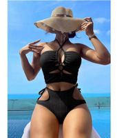 Ensemble bikini côtelé 2 pièces pour femme, haut dos croisé et bas échancré ajouré