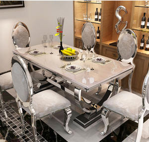 Table à manger de style européen, luxueux et moderne, en marbre, avec cadre en acier inoxydable doré, meuble de table rectangulaire - Product Image 6