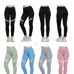 Pantalones de Yoga de Malla con Doble Raya, Cintura Alta Elástica, Largos, de Color Sólido, Leggings de Spandex y Poliéster para Mujer, Fitness - Product Image 1