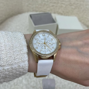 Reloj de Cuarzo <span class=keywords><strong>para</strong></span> Mujer con Bisel de Cristal Incrustado, Tres Subesferas, Tres Agujas, Caja de Acero Inoxidable, Correa de Silicona - Product Image 2