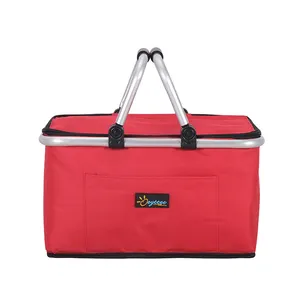 Strong Aluminum Frame Foldable Leakproof Grocery Camping Shopping Cooler Bag With Lid Portable Insulated Picnic Basket
