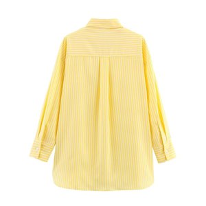 ZEVITY Camicia da donna vintage elegante a maniche lunghe con stampa a righe gialle, camicetta da lavoro con design semplice e tasche - Product Image 2