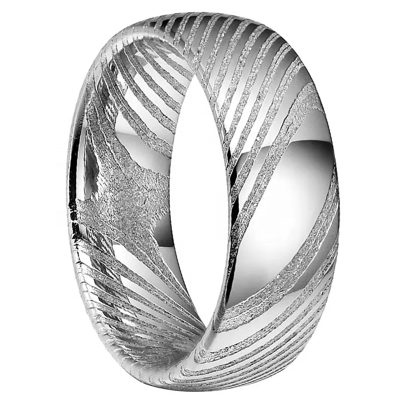 Eenvoudige Man Sieraden 8Mm Gepolijst Dome Damascus Staal Vinger Ring Duurzaam Mens Wedding Band