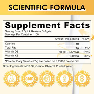 Vitamine D3 K2 Capsule 5000 UI (125 mcg) Vitamine D3 K2 MK-7 100 mcg Supplément de vitamines pour le soutien des os, des dents, des muscles et du système immunitaire - Product Image 6