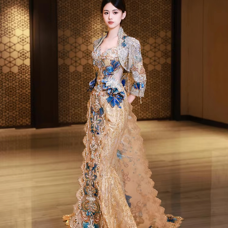 Blue Gold Wedding Gowns - Wedding Blue Dresses - Long Sleeve Elegant Design