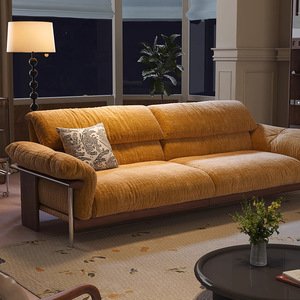 Mid-century retro fabric <b>sofa</b> with walnut wood frame, high backrest, full washable chenille cover for <b>small</b> living spaces - Product Image 1