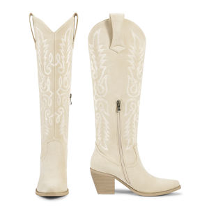 WETKISS ricamo personalizzato Snip Toe da donna con tacco alto al ginocchio <span class=keywords><strong>stivali</strong></span> da donna fantasiosi <span class=keywords><strong>stivali</strong></span> da Cowboy Western <span class=keywords><strong>Beige</strong></span> per il giorno della partita - Product Image 3