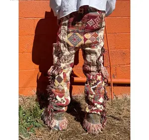Custom Oversize Tassel Plus Size Cargo Unisex Stacked Straight Leg Loose Woven Tapestry Pants Men