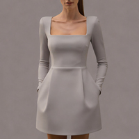 Robe Femme Sexy et Mignonne, Coupe Trapèze, Col Carré, Manches Longues, Ajourée, Tissée, Écologique, Lavable, Modeste, pour Anniversaire et Bureau