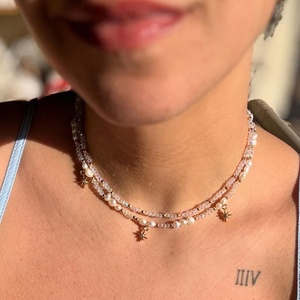 สร้อยคอชอคเกอร์งานแต่งงานประดับคริสตัลและลูกปัดเคลือบทอง 18K ประดับด้วยหินธรรมชาติและไข่มุกน้ำจืด ทำด้วยมือ ความยาวตามสั่ง ของขวัญ - Product Image 3
