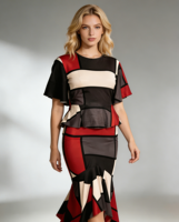 Ensemble deux pièces élégant rétro pour femmes grandes tailles - Motif géométrique rouge et noir, tenue de bureau et occasions formelles