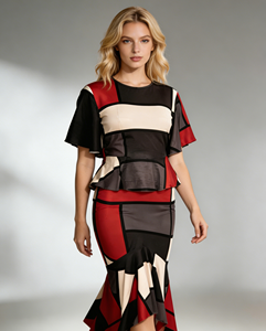 Conjunto de Dos Piezas Elegante Retro para Mujer Talla Grande - Patrón Geométrico Rojo y Negro para Oficina y Ocasiones Formales - Product Image 5