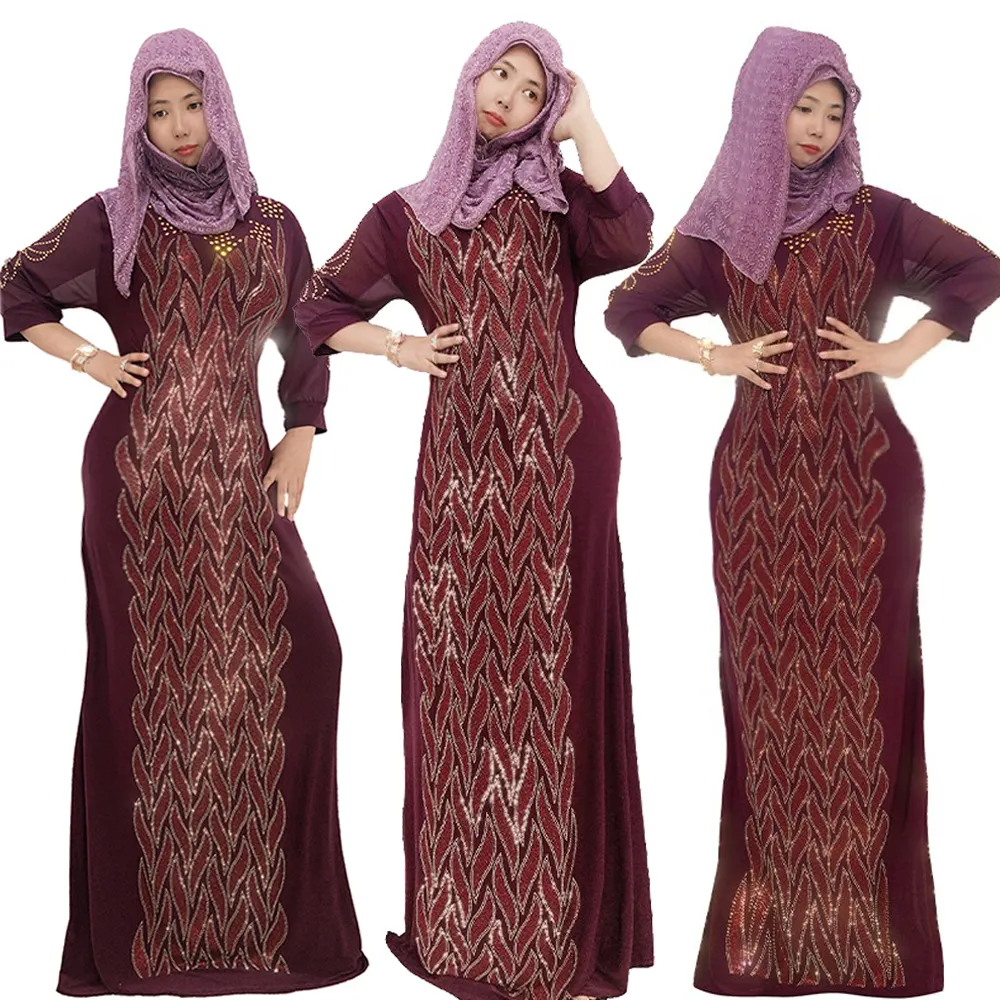 Novo dubai diamante incrustado folhas padrão strass lantejoulas de luxo vestido abaya roupas islâmicas