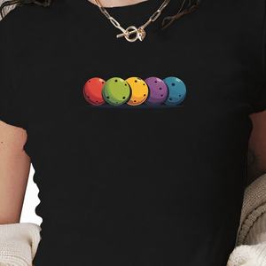 T-shirt court ajusté pour femme, style Y2K, imprimé balles de pickleball, en tissu tricoté, col rond, Spandex/Polyester, transfert thermique - Product Image 1