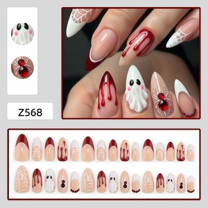 Faux ongles écologiques à presser pour Halloween, motifs goutte de sang, fantôme, toile d'araignée, style français, tendance et élégant, pour salon, DIY et fête - Product Image 2