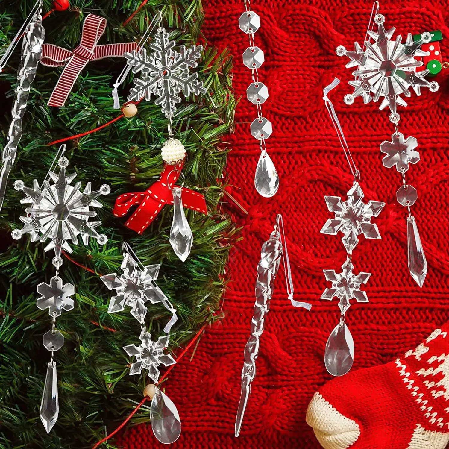 2024 FASHION Christmas Decorations 10pcs Crystal Christmas Ornaments Acrylic Snowflake and Icicle Ornaments with Drop Pendants