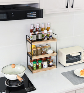 Movable 3-Tier Solid <b>Wood</b> <b>Spice</b> Storage <b>Rack</b> Double-tiered Kitchen Organizer for Home Kitchen - Product Image 5