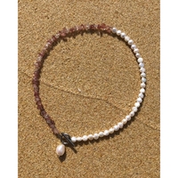 Collar de Perlas de Agua Dulce y Cristal de Fresa Hecho a Mano, Longitud Personalizada, Cierre de Acero Inoxidable OT