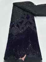 Tissu en velours lourd perlé avec motif floral vintage noir et perles de cristal, doublement renforcé, pour robe de soirée haute couture