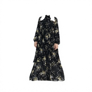 Traditional Muslim Modest Chiffon Floral Print Ruffled <b>Long</b> Sleeve Maxi Hijab <b>Dress</b> Abaya Breathable Party Casual Summer - Product Image 3