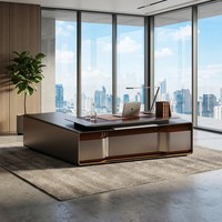 Bureau de direction intelligent à LED 2400 mm, table de PDG en bois de placage naturel avec finition cristal, MDF E1, mobilier de bureau