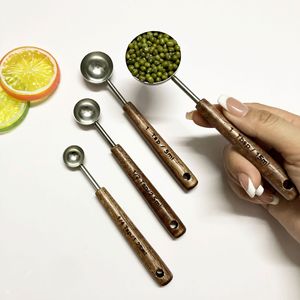Stainless Steel <b>Measuring</b> <b>Spoon</b> Set With Wooden Handle 1 Tbsp 1/2 Tsp 1/4 Tsp For Baking Coffee Milk Powder Kitchen Use - Product Image 1